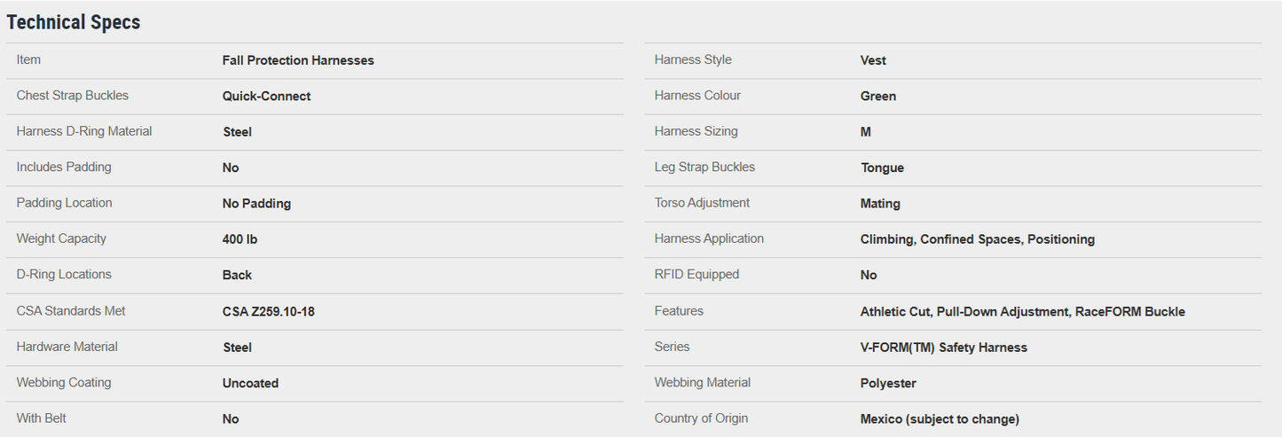 FALL PROTECTION HARNESS, VEST, QUICK-CONNECT/TONGUE, MATING, M, 400 LB CAPACITY