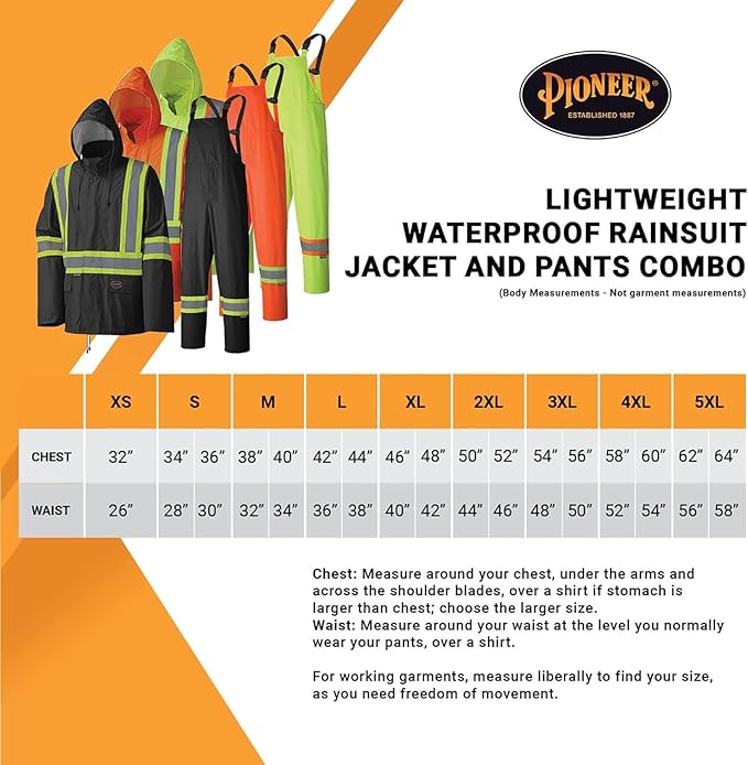 Pioneer Hi Vis Waterproof Lightweight Rainsuit - Work Safety Hooded Jacket and Bib Pants - Adjustable Pant Length