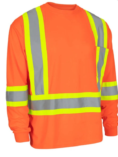 Forcefield Hi Vis Crew Neck Long Sleeve Safety Tee with Chest Pocket