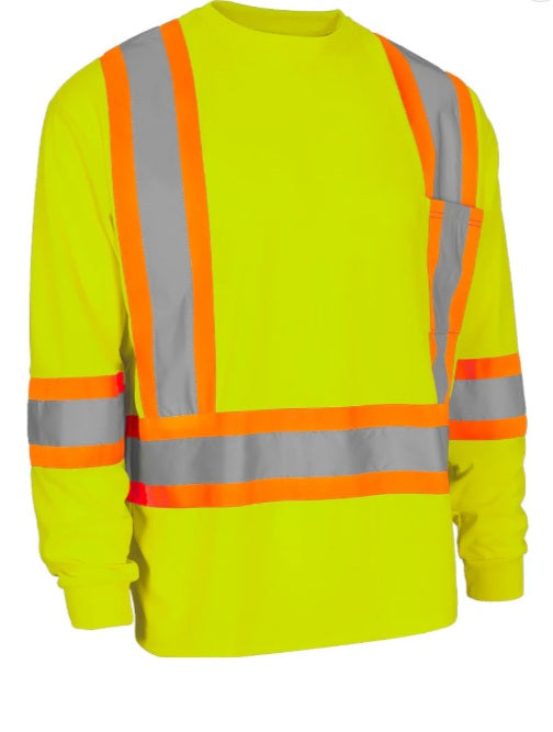 Forcefield Hi Vis Crew Neck Long Sleeve Safety Tee with Chest Pocket