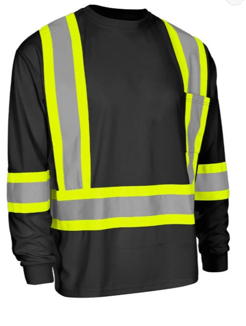 Forcefield Hi Vis Crew Neck Long Sleeve Safety Tee with Chest Pocket