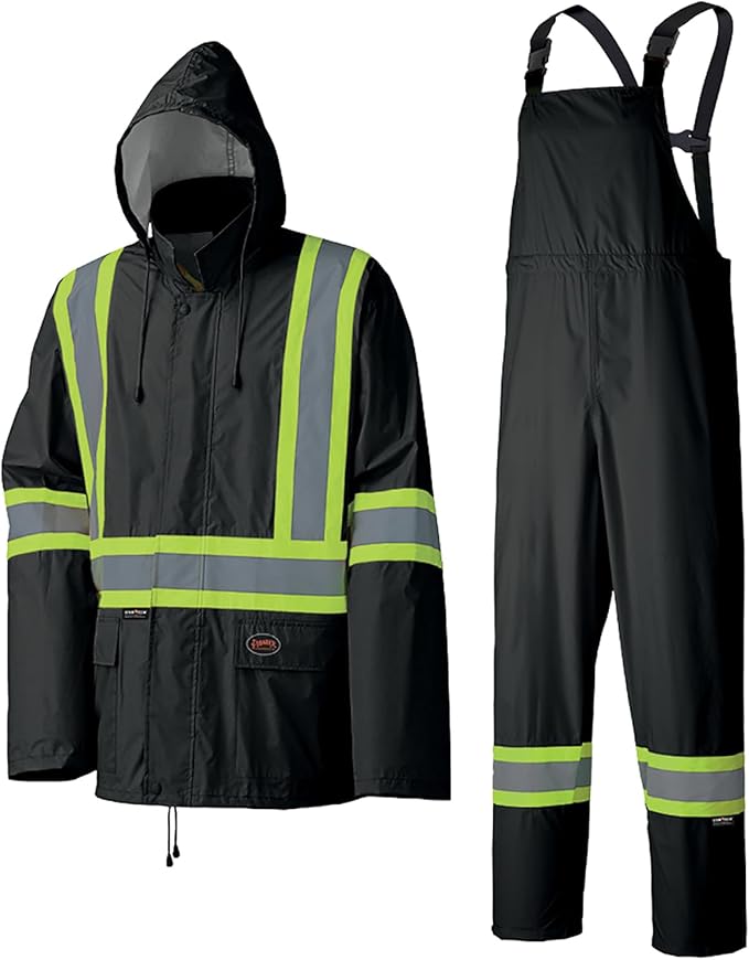 Pioneer Hi Vis Waterproof Lightweight Rainsuit - Work Safety Hooded Jacket and Bib Pants - Adjustable Pant Length