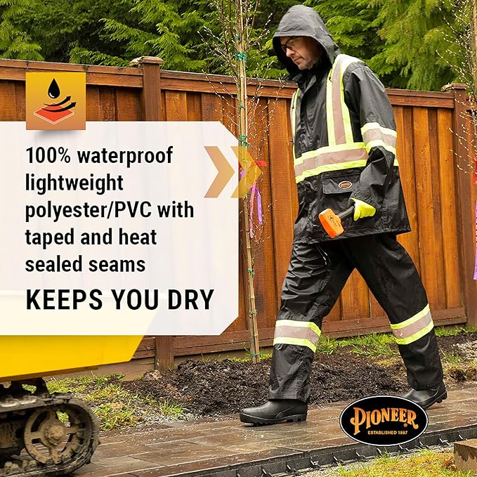 Pioneer Hi Vis Waterproof Lightweight Rainsuit - Work Safety Hooded Jacket and Bib Pants - Adjustable Pant Length